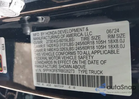 2024 Honda Ridgeline Black Edition из США, поврежденный, VIN 5FPYK3F87RB026273